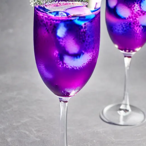 Prompt: thick purple and blue metallic drink, swirling with sparkling colors, mystical cocktail