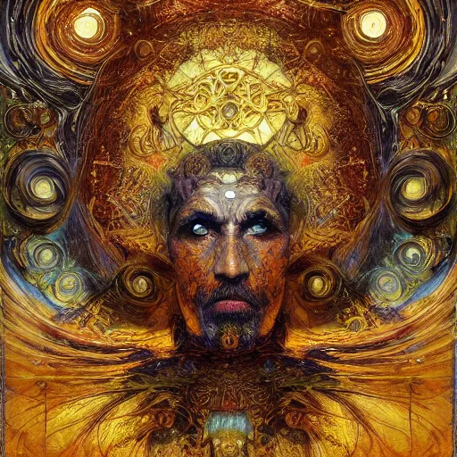 Image similar to Divine Chaos Engine by Karol Bak, Jean Deville, Gustav Klimt, and Vincent Van Gogh, celestial, visionary, sacred, fractal structures, ornate realistic gilded medieval icon, spirals, mystical