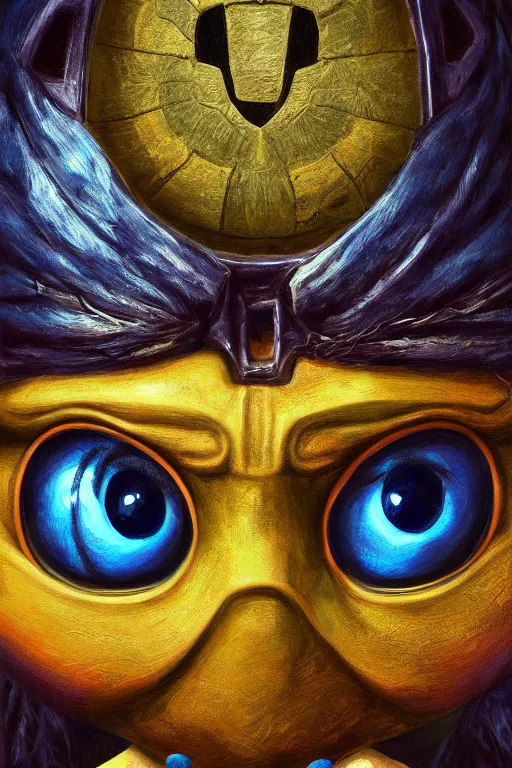 Image similar to Majora's Mask from Zelda, oil on canvas, intricate, portrait, 8k highly professionally detailed, HDR, CGsociety