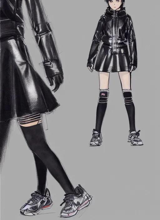 Prompt: a yoji shinkawa full body sketch of a tennis player girl wearing a puffy japanese inspired anorak designed by balenciaga, and short holographic skirt and yeezy 5 0 0 sneakers