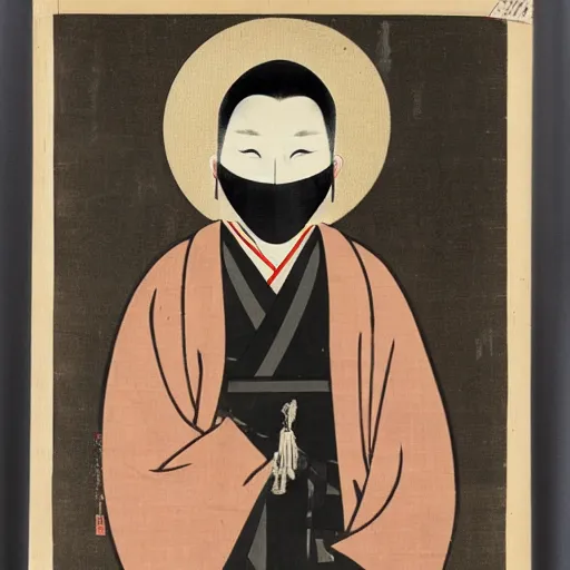 Image similar to young man wearing black medical mask, style of katsushika oi