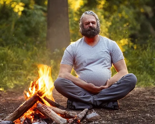 Image similar to mr robert smoke weed and meditate near the campfire in the garden, he has dark grey hairs, detailed glad face, muscular chest, pregnant belly, golden hour closeup photo, red elegant shirt, eyes wide open, ymmm and that smell