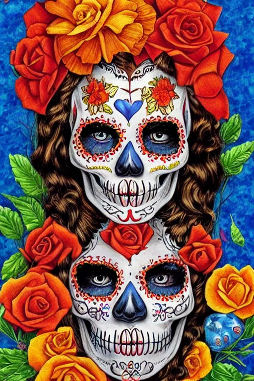 Image similar to Illustration of a sugar skull day of the dead girl, art by michael cheval