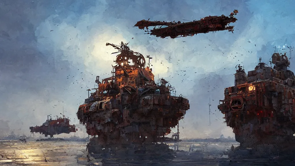 Image similar to A flying rusty ship in the evening sky, intricate, detailed, oil on canvas, concept art, by Ian McQue
