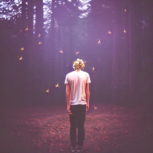 Image similar to kodak portra 4 0 0 photograph of a skinny blonde guy standing in dark forest with fireflies in the air, back view, flower crown, moody lighting, telephoto, 9 0 s vibe, blurry background, vaporwave colors, faded!,