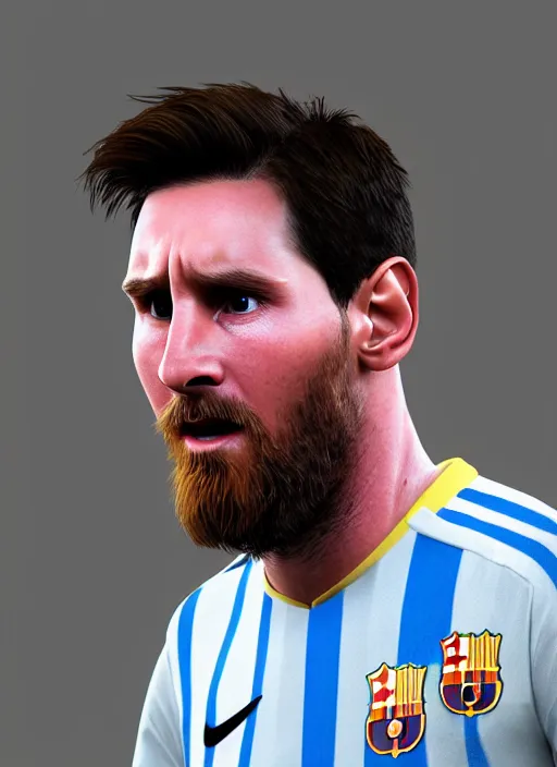 Image similar to portrait of ((cute)) crying Messi, photorealistic, 35mm, close-up, blue tear, Octane render, trending on Artstation, 4k, 8k, highly detailed, digital art