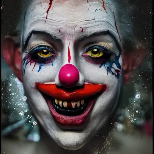 Image similar to full body pose, hyperrealistic mixed media painting of a seductive clown, dim volumetric lighting, 8 k, octane beautifully detailed render, extremely hyper detailed, intricate, epic composition, cinematic lighting, masterpiece, trending on artstation, very very detailed, masterpiece, stunning, hdr, smooth, sharp focus, high resolution, award, winning photo, dslr, 5 0 mm