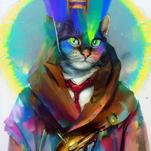 Image similar to The Rainbow cat enthroned , hyperrealism, no blur, 4k resolution, ultra detailed, style of Peter Mohrbacher, James Gurney, Ismail Inceoglu