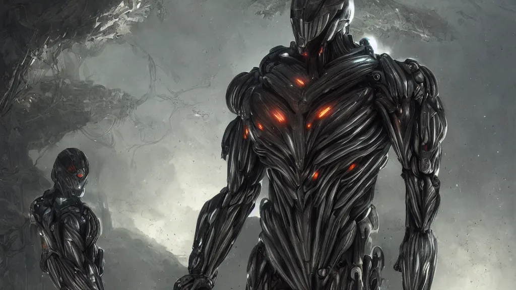 Image similar to crysis nanosuit with powerful biological muscle augmentation, machines, bleak, remnants of the human civilization at dusk, painted by tsutomu nihei, painted by artgerm and greg rutkowski