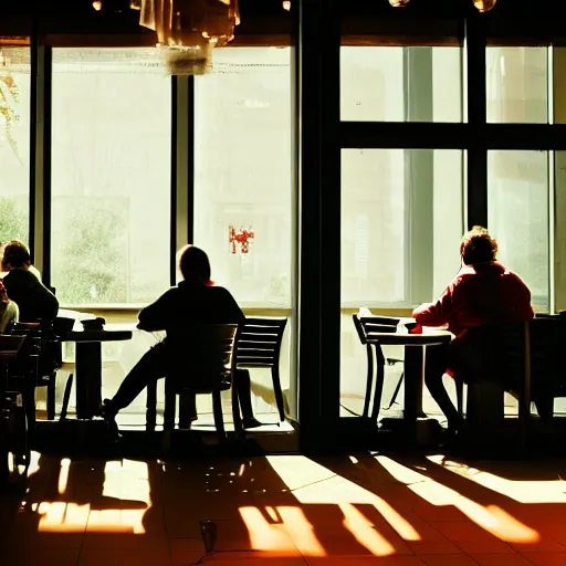 Image similar to cinematic photo of ghosts hanging out inside a starbucks in the late afternoon with red sunlight