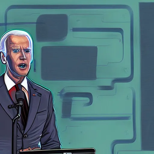 Prompt: A cybernetic Joe Biden as an android giving a speech, digital painting, cyberpunk