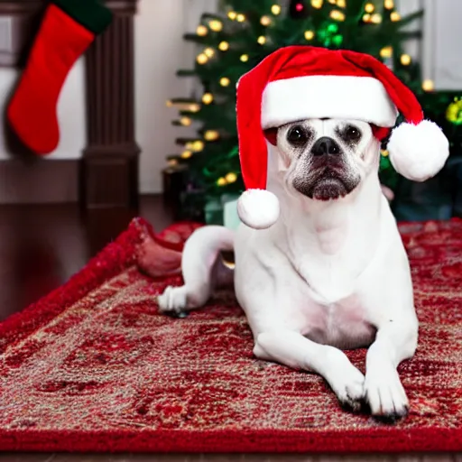 Prompt: a dog on a carpet sitting in a room at christmas time