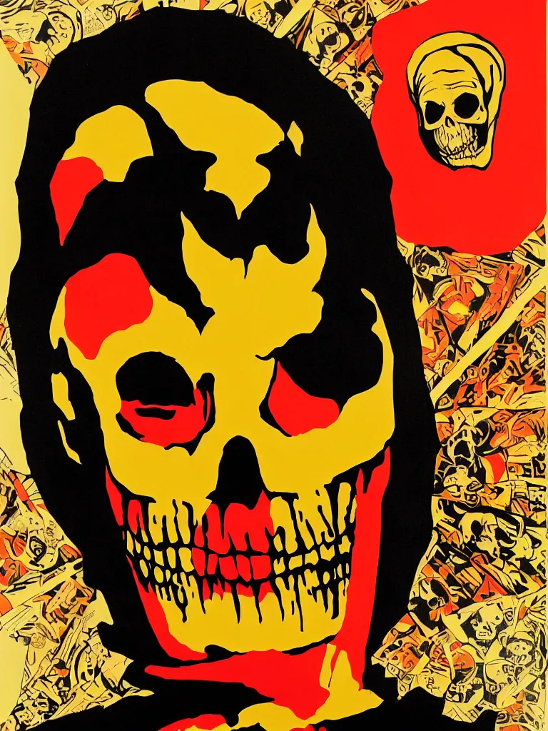 Image similar to poster offear featuring portrait of skeletor, red yellow orange black and cream colors, poster by shepard fairey