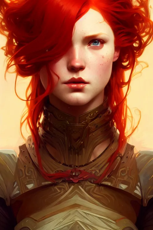 Image similar to a beautiful redhead warrior girl, fantasy, portrait, sharp focus, intricate, elegant, digital painting, artstation, matte, highly detailed, concept art, illustration, ambient lighting, art by ilya kuvshinov, artgerm, alphonse mucha, and greg rutkowski