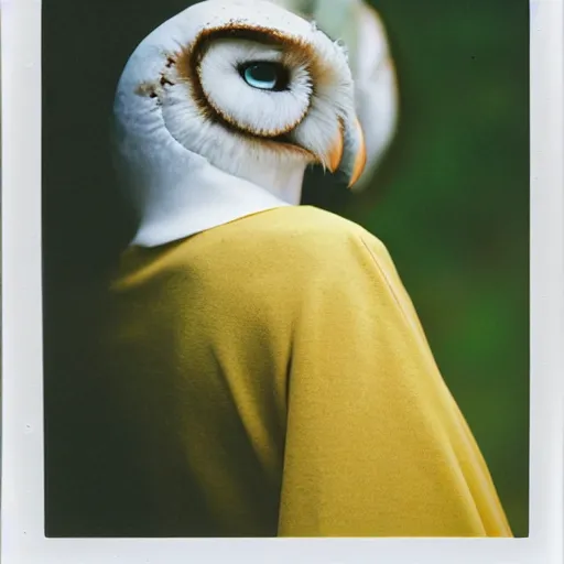 Prompt: candid head to shoulder portrait Polaroid film photograph of an elegant top model wearing a yellow kimono with a very detailed barn owl on her shoulder!!! in a tropical greenhouse. looking at the camera!!. super resolution. Polaroid 600 film. art by Alessio albi and Annie Leibovitz.