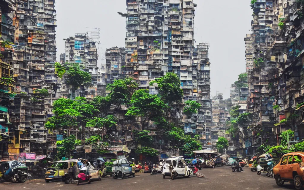 Prompt: streets of mumbai, future, mossy buildings