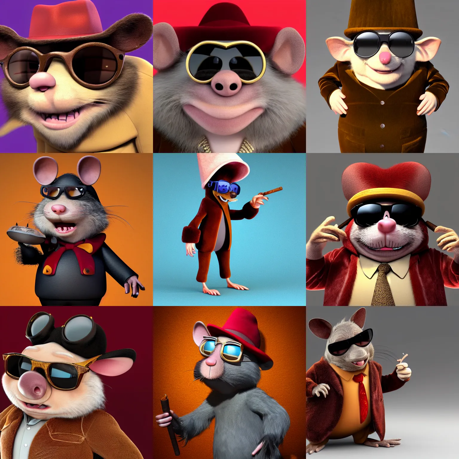 Prompt: anthropomorphic rat, wearing a velvet fur coat, wearing sunglasses and a hat, slightly chubby, cigar, long fur, rat, detailed, 3d render, 4k, pixar