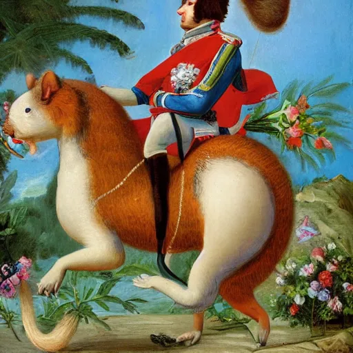 Image similar to a giant squirrel carrying napoleon bonaparte on its back, beach scene with flowers and foliage, detailed oil painting