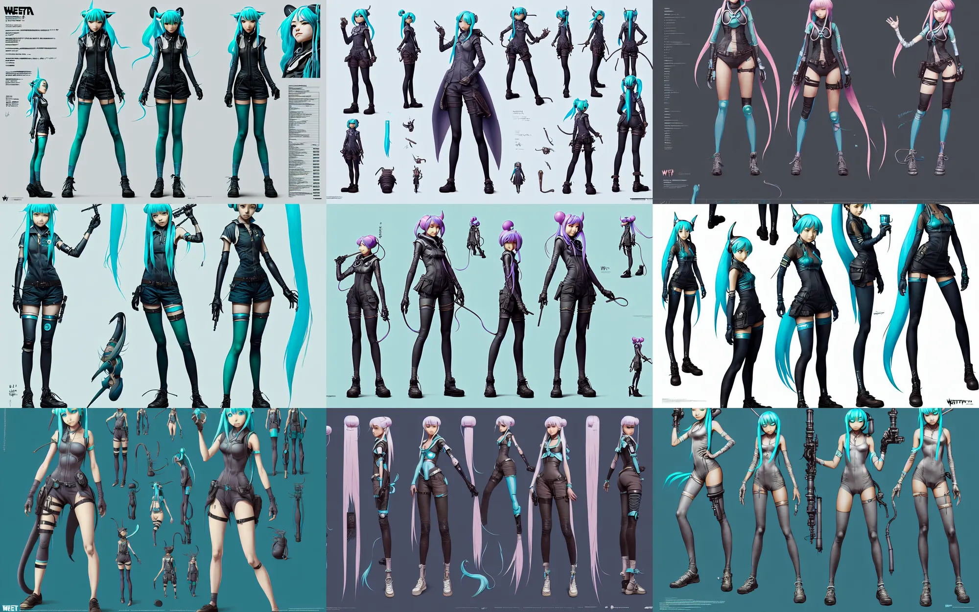 Prompt: weta disney pixar movie character sheet of hatsune miku as badass cyberpunk pin up by pixar, weta, hieronymus bosch, greg rutkowski, wlop, ilya kuvshinov, rossdraws, artgerm, marvel, character sheet, unreal engine, metahumans, anime