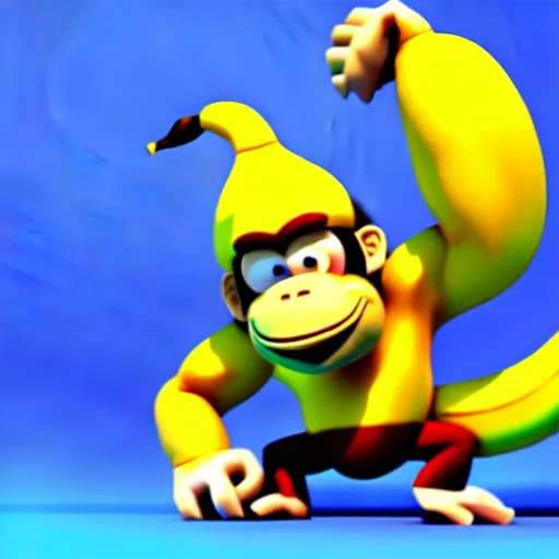 Image similar to Donkey Kong stepping on a banana. The banana is on the ground, Donkey Kong is above the banana. 3D render