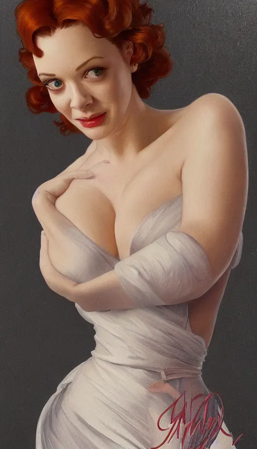 Image similar to Angel, perfectly-centered-painting of young Christina Hendricks in Mad Men looking at the camera, hands behind her back, sweaty, dynamic action pose, insane, intricate, highly detailed, digital painting, artstation, concept art, smooth, sharp focus, illustration, Unreal Engine 5, 8K, art by artgerm and greg rutkowski and alphonse mucha