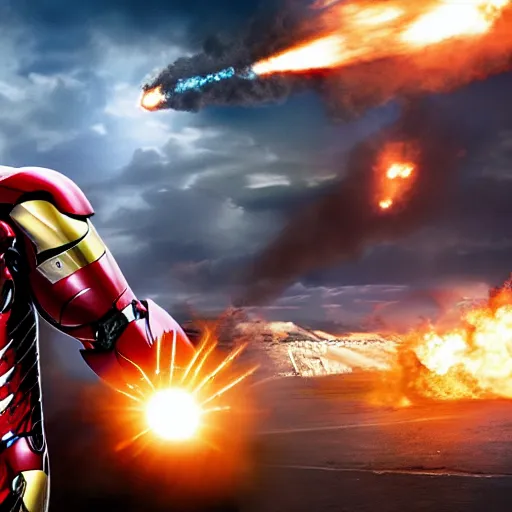 Image similar to iron man, scene from the avengers, explosions, fire, tanks, military, battlefield, war photography