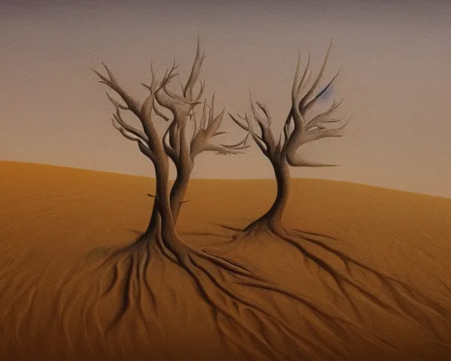 Prompt: a painting of a tree in the desert, an airbrush painting by breyten breytenbach, detailed sand pattern, cgsociety, neo - primitivism, airbrush art, dystopian art, apocalypse landscape