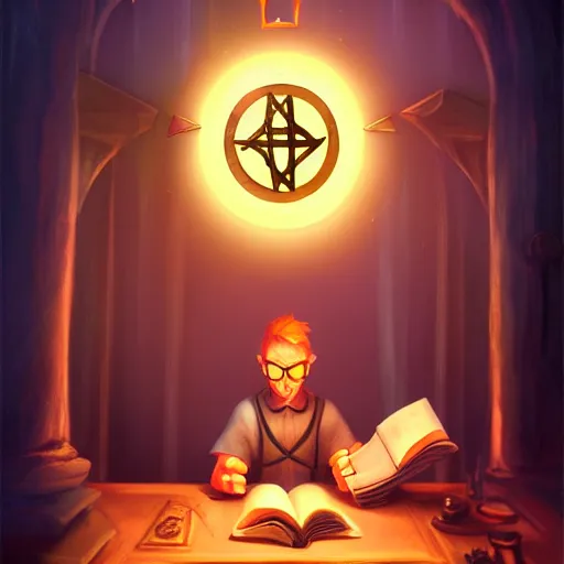 Prompt: A mage reading a spell book at a desk, as he reads the words runes float in the air. Magic, orange lighting, flux. High fantasy, digital painting, HD, 4k, detailed.