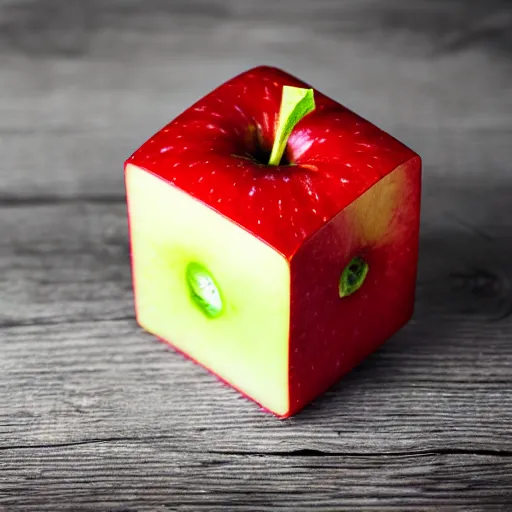 Prompt: dlsr food photograph of an apple shaped as a perfect cube, corners, square, cube, dice, 5 0 mm f 1. 4