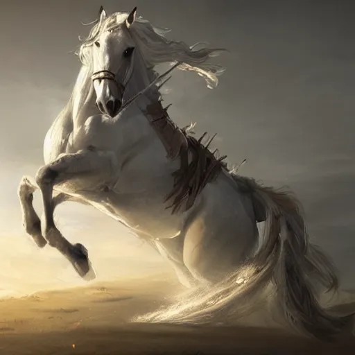 Image similar to a white horse The one who rode him carried arrows and a bow in his hand, and they gave him a crown, digital Art, Greg rutkowski Trending artstation