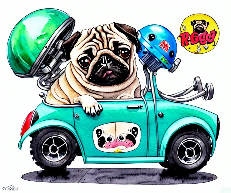 Image similar to cute and funny, pug wearing a helmet riding in a tiny hot rod with oversized engine, ratfink style by ed roth, centered award winning watercolor pen illustration, isometric illustration by chihiro iwasaki, edited by range murata, symmetrically isometrically centered