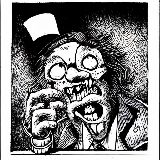 Image similar to a scary horror themed goofy-hilarious-character r-Crumb, dime-store-comic drawn with charcoal and pen and ink, half-tone-line-stacking