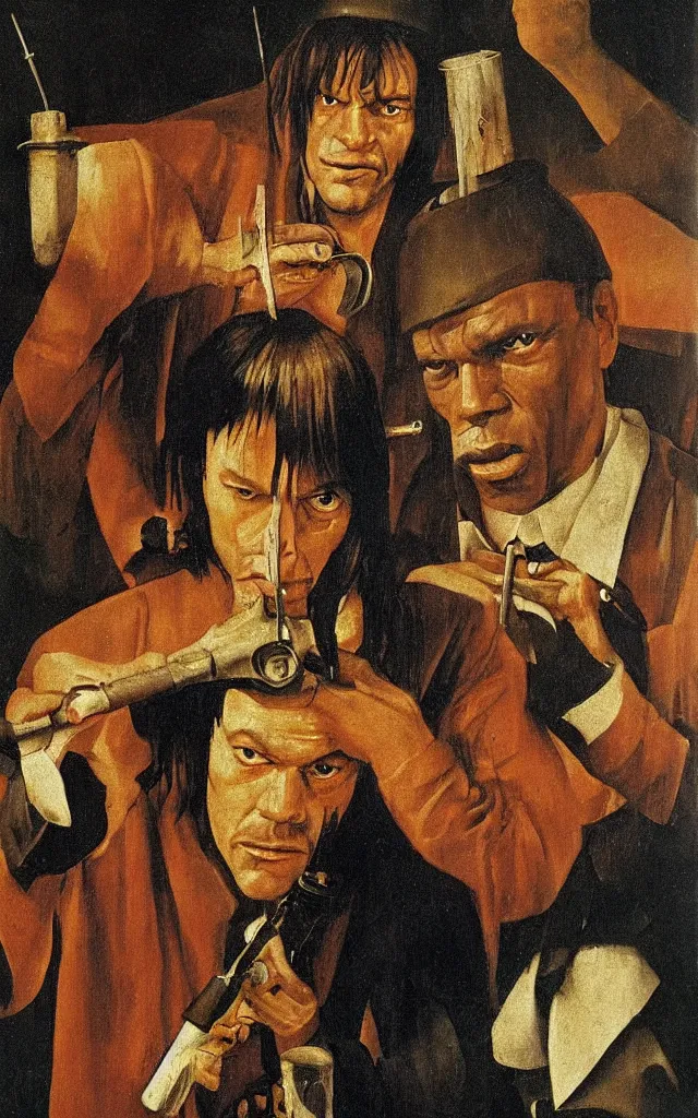 Prompt: pulp fiction movie poster by hieronymus bosch, delights,