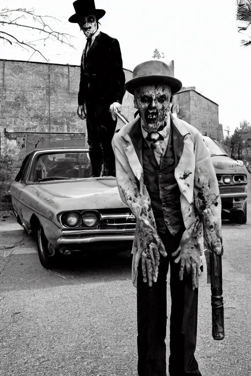 Prompt: A zombie gentleman with a cane stands in the picture near a retro car