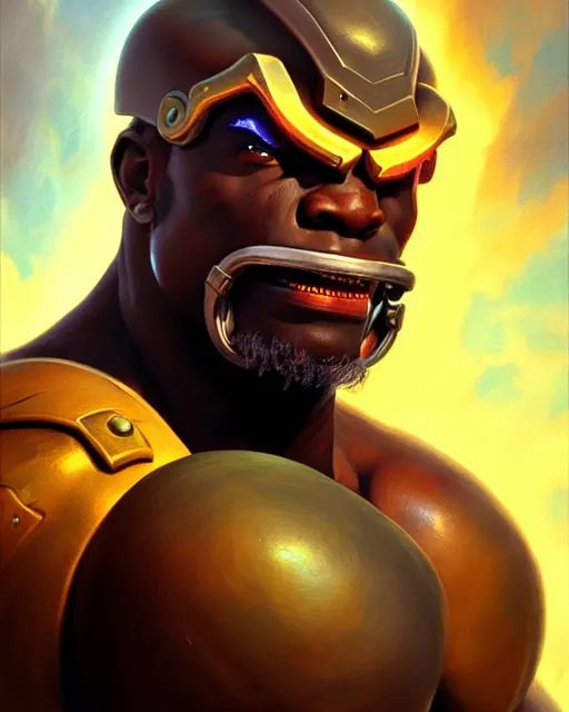 Image similar to doomfist from overwatch, fantasy, fantasy art, character portrait, portrait, close up, highly detailed, intricate detail, amazing detail, sharp focus, vintage fantasy art, vintage sci - fi art, radiant light, caustics, by boris vallejo