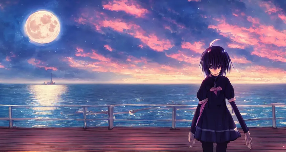 Image similar to one anime girl standing on a pier, blue shiny eyes, looking at the camera, cute, the ocean as background at twilight, big moon above the water, colorful, magical, smooth, extremely detailed, devianArt