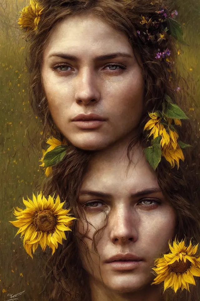 Image similar to face portrait of a female ukraine soldier with a sunflower in her hair, summer season, moody scene, highly detailed, intricate, sharp details, summer vibe, gorgeous scene by gaston bussiere, craig mullins, somber lighting, drawn by giacomo burattini, inspired by graphic novel cover art, hyperrealistic, 8 k by rhads