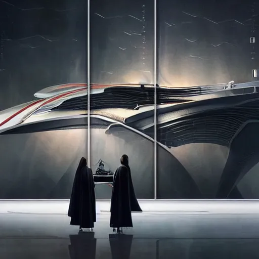 Image similar to sci-fi organic zaha hadid full-lenght 50% of canvas car and wall structure in the coronation of napoleon painting by Jacques-Louis David and in the blade runner 2049 film search pinterest keyshot product render 4k in dark plastic