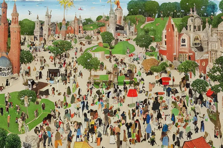 Image similar to an elaborate and dense painting of a peaceful neighborhood, detailed, made of alcohol ink on parchment and penned illustrations, by wes anderson!!!!!!!! and ( ( ( ( ( ( ( ( ( ( hieronymus bosch ) ) ) ) ) ) ) ) ) ) and geoff darrow!!!!!!!!