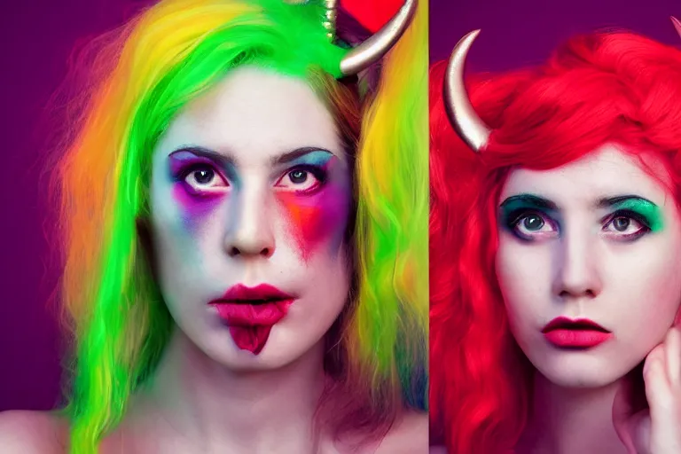 Image similar to pretty demon girl with horns photograph in the style of clemens ascher, colorful, realistic, 8 k, portrait, ambient lights,