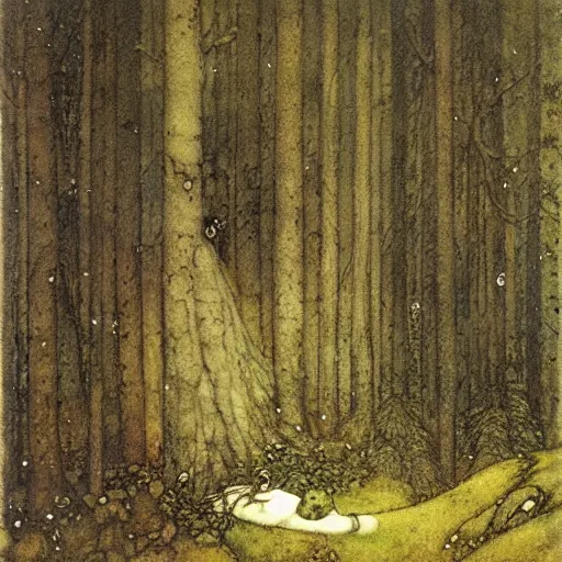Prompt: lone person in the dark forest, trolls, painting by john bauer
