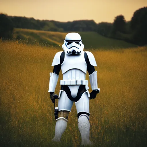 Prompt: realistic stormtrooper in a field. france, dordogne, hills, ultra high,, detail, 8 k, sunset, flowers, trees, river, hills, octane render.