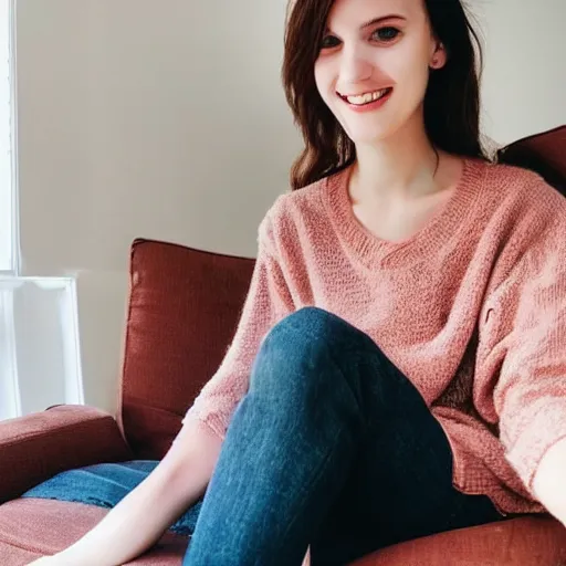 Image similar to selfie photograph of a cute thin young woman, red blush, wearing casual clothes, small smile, relaxing on a couch, cozy living room, medium shot, 8 k, trending on instagram, photorealist, trending on pinterest, portra 4 0 0