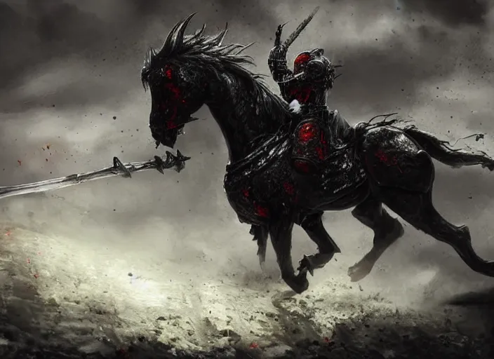 Prompt: a menacing knight in full plate of black armor, splattered with blood, riding a large black war horse, with red glowing eyes flowing red mane and tail, blackened clouds cover sky, crackling with lightning, a castle in distance burns, the ground is wet and cracked, d & d, fantasy, highly detailed, digital art, illustration,