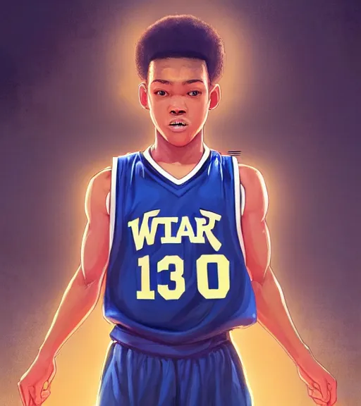 Image similar to portrait of a boy at a basketball court playing basketball wearing a basketball uniform in a basketball court attempting to score, intense emotion, detailed facial expression, detailed surroundings, intricate, elegant, highly detailed, centered, digital painting, artstation, concept art, smooth, sharp focus, illustration, by Peter Mohrbacher, WLOP