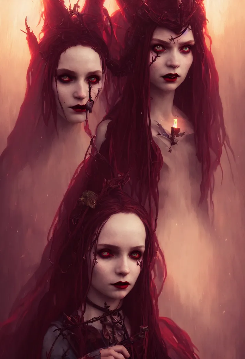 Image similar to beautiful very extreme closeup portrait, one vampire girl, medieval dress. witch, makeup. unreal engine, greg rutkowski, loish, rhads, beeple, tom bagshaw, alphonse mucha, global illumination, detailed and intricate environment