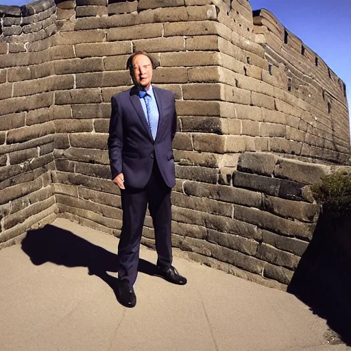 Image similar to saul goodman next to the great wall of china, hyper realistic, smooth lighting, mid shot