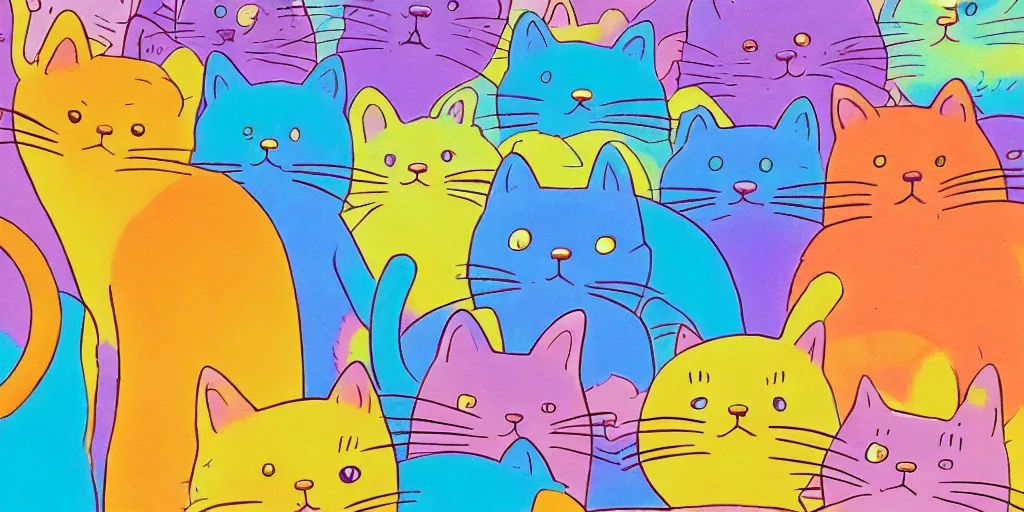 Image similar to a cat speaking to a crowd of cats, by studio ghibli, by lisa frank 8 k pastel colours, isometric, six point perspective, drone shot, smeared watercolours, golden light, film grain