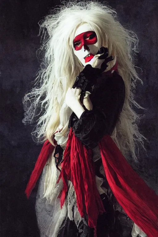Image similar to a vampire with long light white hair and a red scarf, wearing a black mask over her mouth, windy, ribbons, melancholic, modern maximalist fashion dress, is ( ( holding a sword ) ). light dust, magnificent, hyperdetailed, theatrical, painted by jean honore fragonard and greg rutkowski