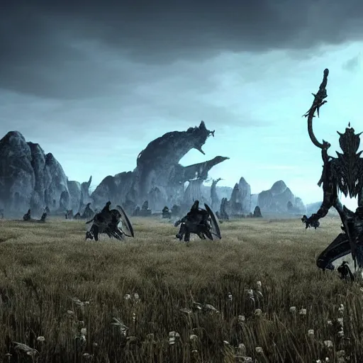 Image similar to A giant from skyrim fights an army of skeletons in an open field, with the kingdom in the background, detailed, elegant, intricate, conceptual, volumetric light,